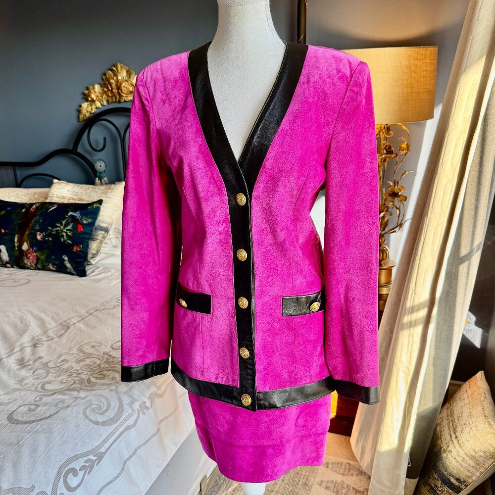 Danier Vintage 80s/90s Fuchsia Pink and Black Suede Leather Blazer and Skirt Set